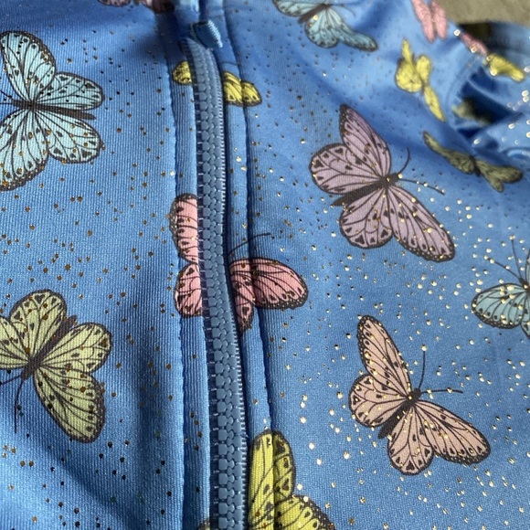 Pink Platinum One-piece shine Swimsuit Blue Butterfly 3/4 Sleeve size 10/12​ - Picture 2 of 3